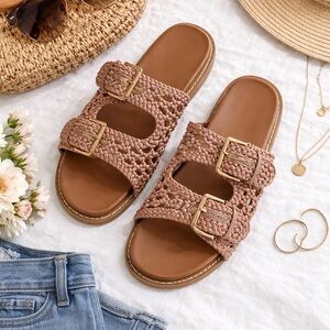 Camel Woven Buckle Slide Sandals | Double Strap Summer Slides Size 9.5